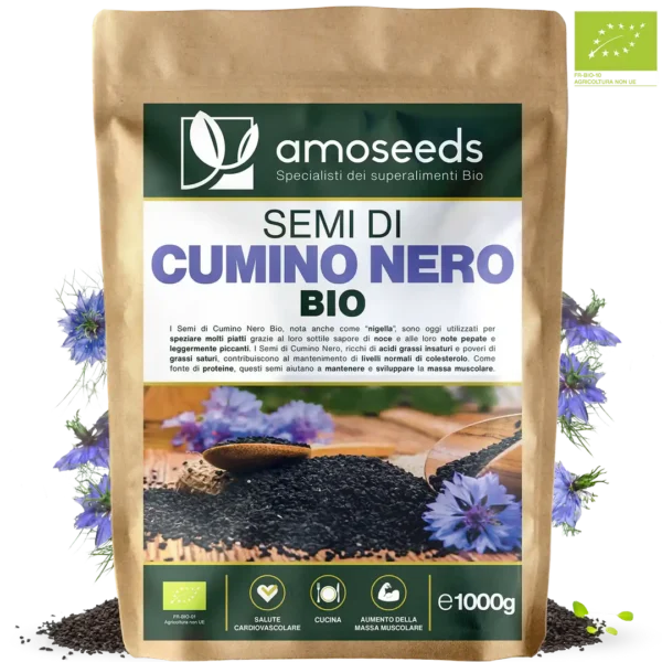 Confezione da 500g di semi di cumino nero biologici Amoseeds, superfood naturale per il benessere quotidiano.